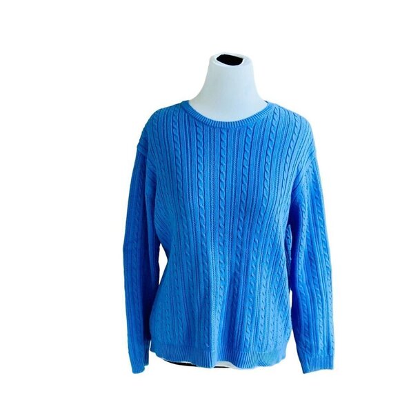 TALBOTS CABLE KNIT LONG SLEEVE PULL OVER SWEATER  SP BLUE  COTTON OFFICE WEAR - Picture 1 of 6